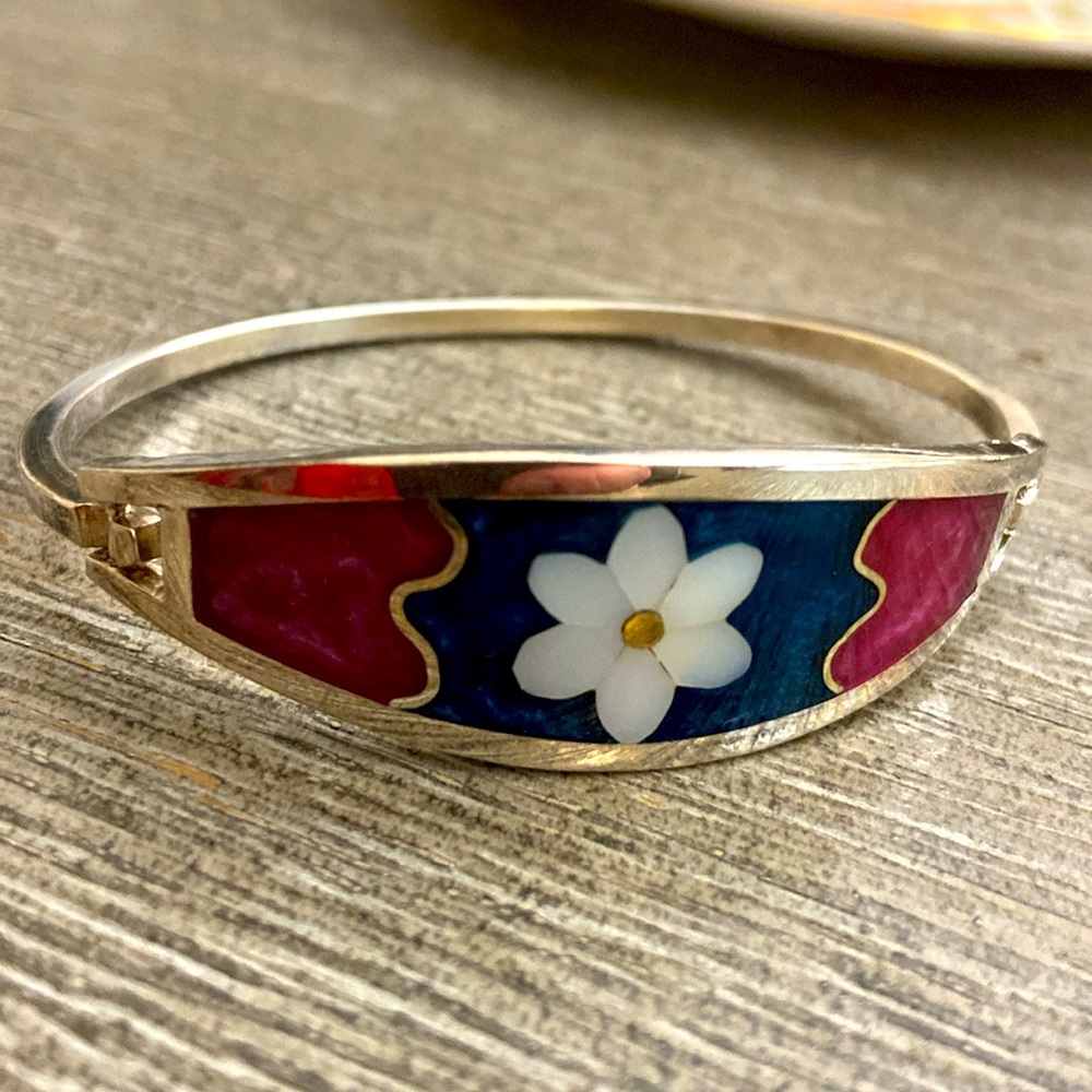 Vintage 60s Flower Inlay Cloisonné Alpaca Mexico Silver Hinged Bracelet